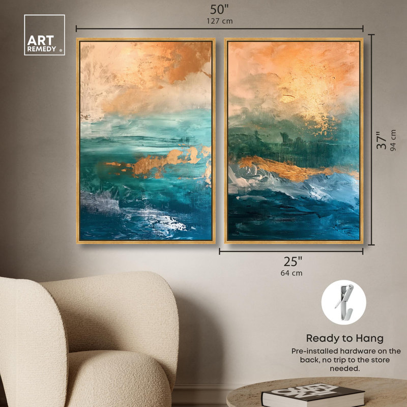 Coastal Glint Duo Canvas Print Sage Gold Wall Art Set by Art Remedy, Black Frame, 10 x 15, H 37 po x l 25 po, Gold Frame