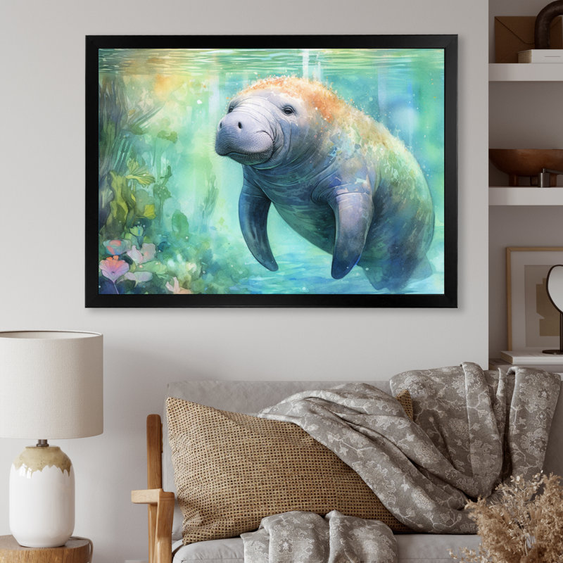 Gentle Manatee II - Art mural de lamantin pour le salon, Cadre simple noir, H 30 po x l 40 po x P 1,5 po