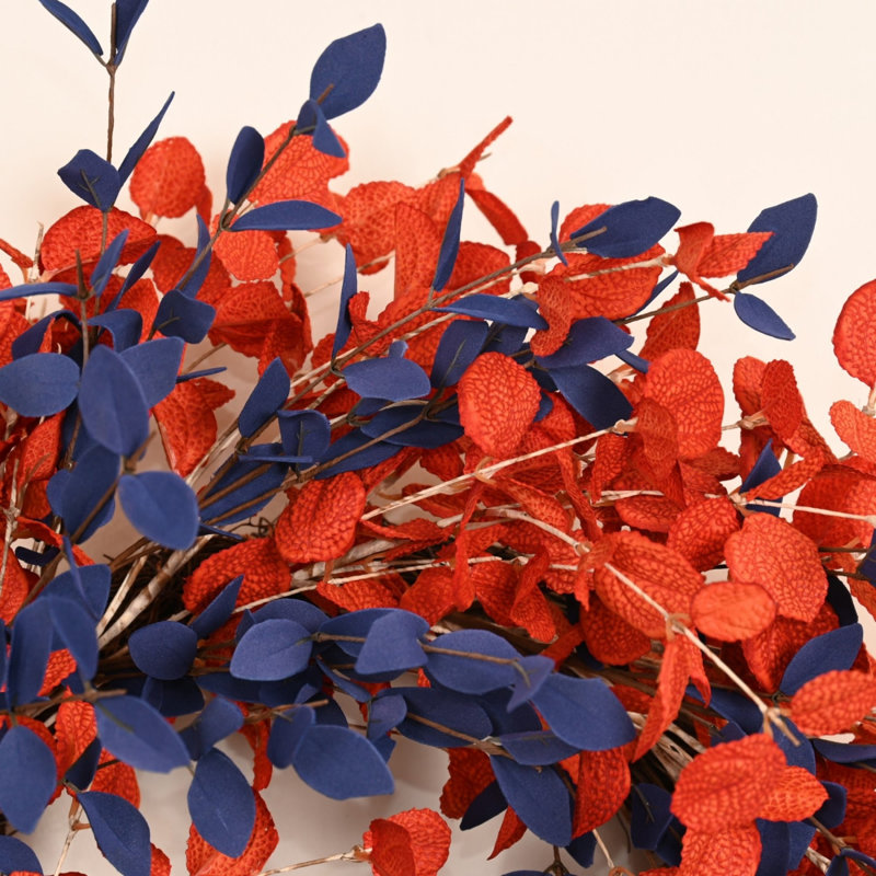 Couronne artificielle 26 pouces à deux tons avec feuilles d'automne pour décoration de l'Action de grâce, Orange;Blue