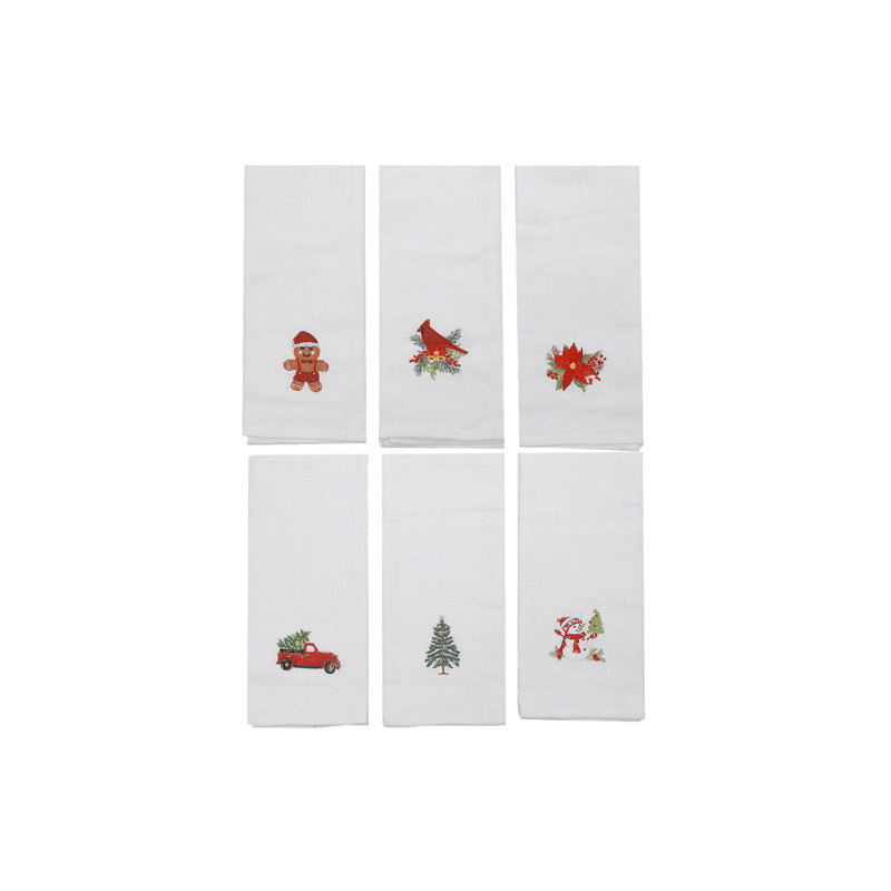 Ensemble de 6 serviettes de cuisine brodées à gaufres blanches (assorties)