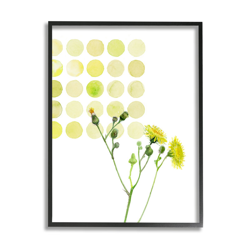 Fleurs de pissenlit sous des cercles abstraits, peinture florale de Verbrugge, H 14 po x l 11 po x P 1,5 po