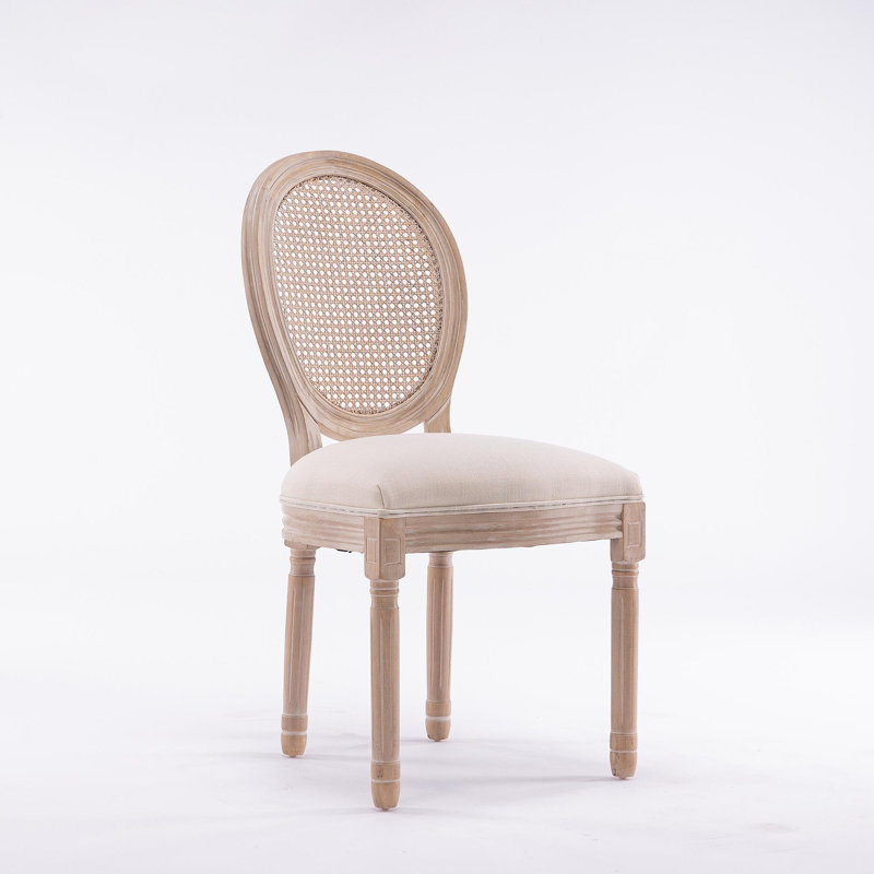 French Style Solid Wood Frame  Linen Fabric Rattan Back Dining Chair,Set Of 2,Cream