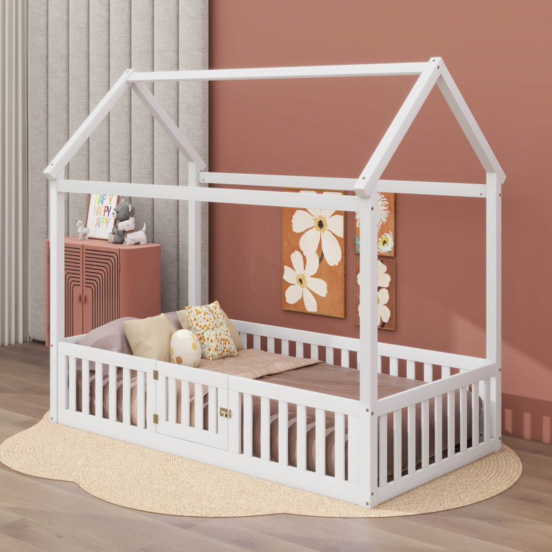 Lit en bois avec clôture et porte, Lit simple, Blanc