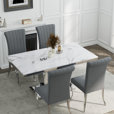 Modern Luxury 5 Piece Dining Table Set With 4 Gray Boucle And Silver Dining Chairs