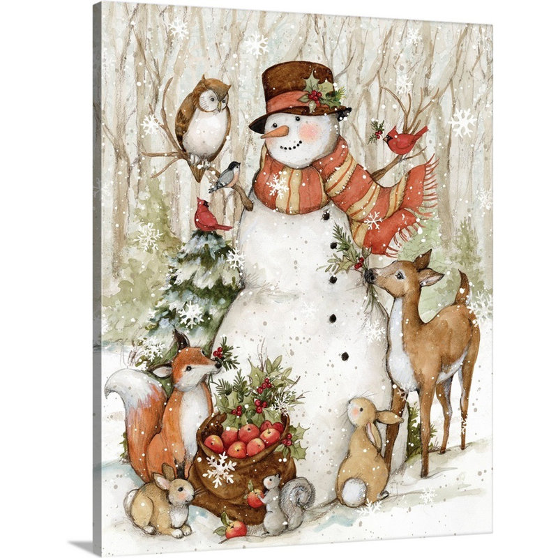 «Meadowbrook Woodland Snowman» par Susan Winget - peinture sur toile tendue, H 30 po x l 24 po, Toile tendue