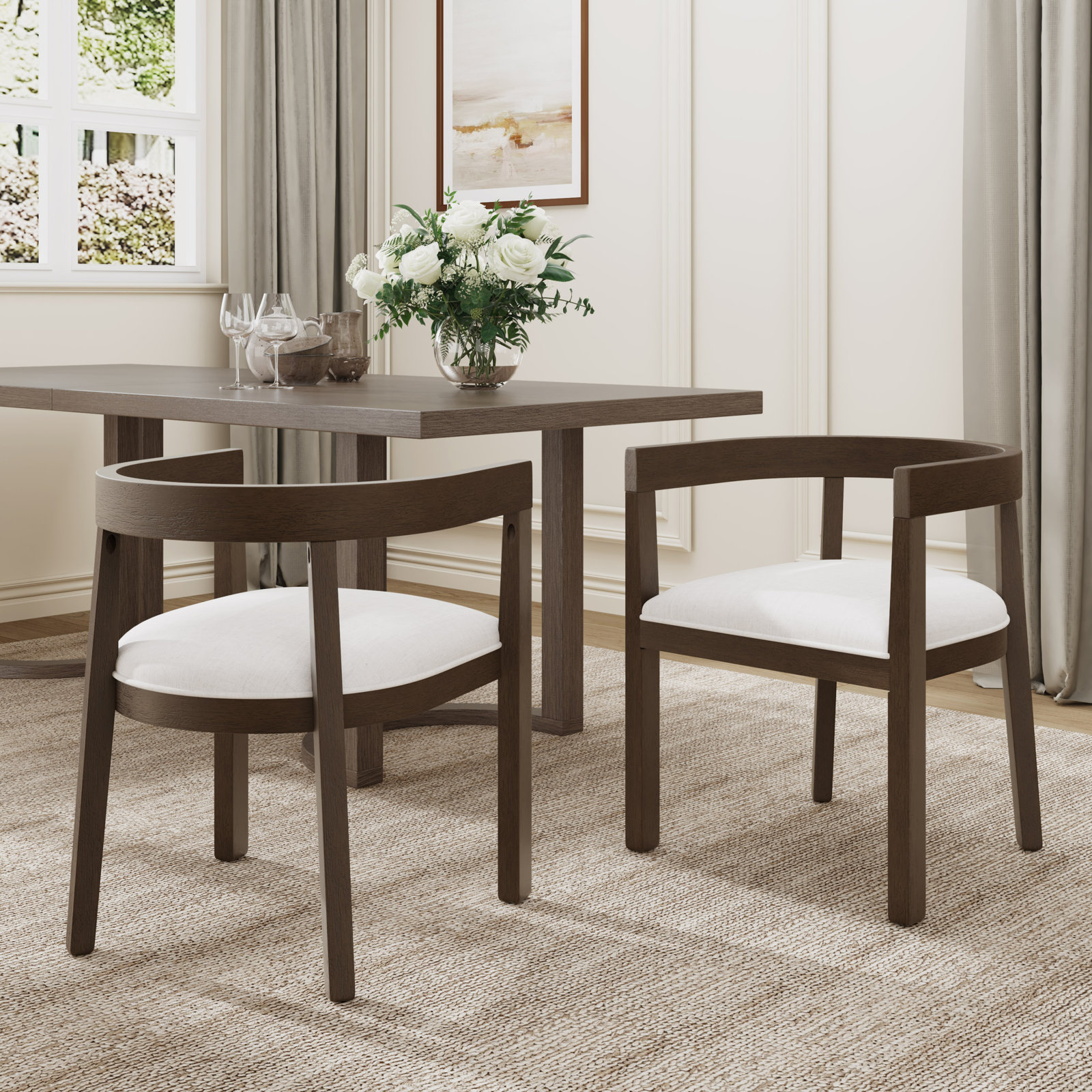 Daney Armchair, Beige Polyester Blend, Walnut