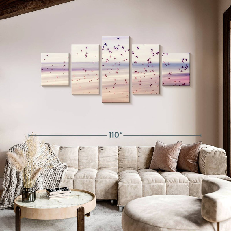 Oiseaux et ciel abstrait, H 42 po x l 92 po