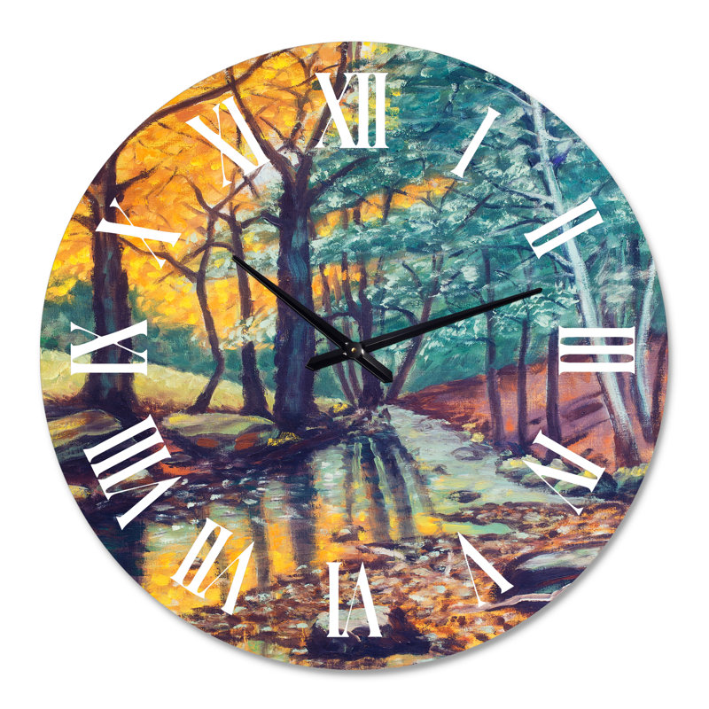 Paysage avec rivière en automne forêt coucher de soleil - horloge murale traditionnelle, Surdimensionné