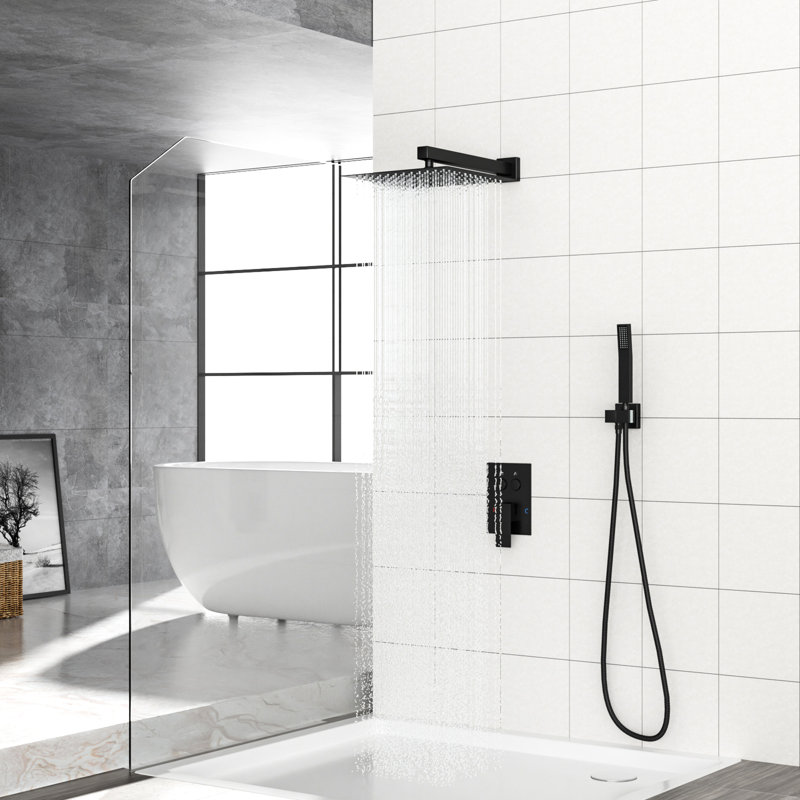 Wall Mounted 12 Inch Square Dual Function Matte Black Shower With - Balanced Valve, Rainfall Experience, 360 Swivel, And Capable Design Valve Head, Adjustable, Simple Installation, Nozzle For Easy