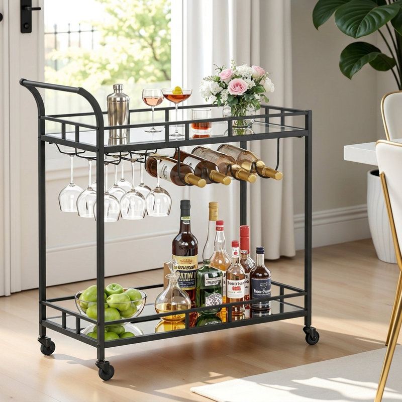 34.3'' W Bar Cart Kitchen Serving Cart With Multi-Level Storage Drinks Trolley, Home Bar Serving Cart, Wine Cart, Black