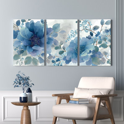 Aquarelle sur toile bleue bleue, ensemble de 3 reproductions de peinture à l'huile sur toile tendue pour salon