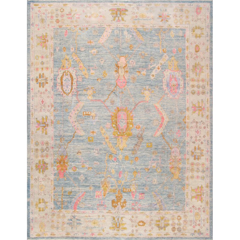 Oushak Hand Knotted Wool Oriental Area Rug in Blue/Ivory/Pink