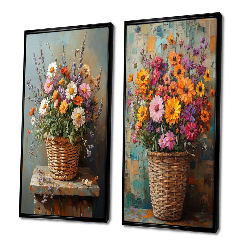 Ensemble de 2 pièces d'art mural Wildflowers, H 32 po x l 32 po, Cadre flottant noir