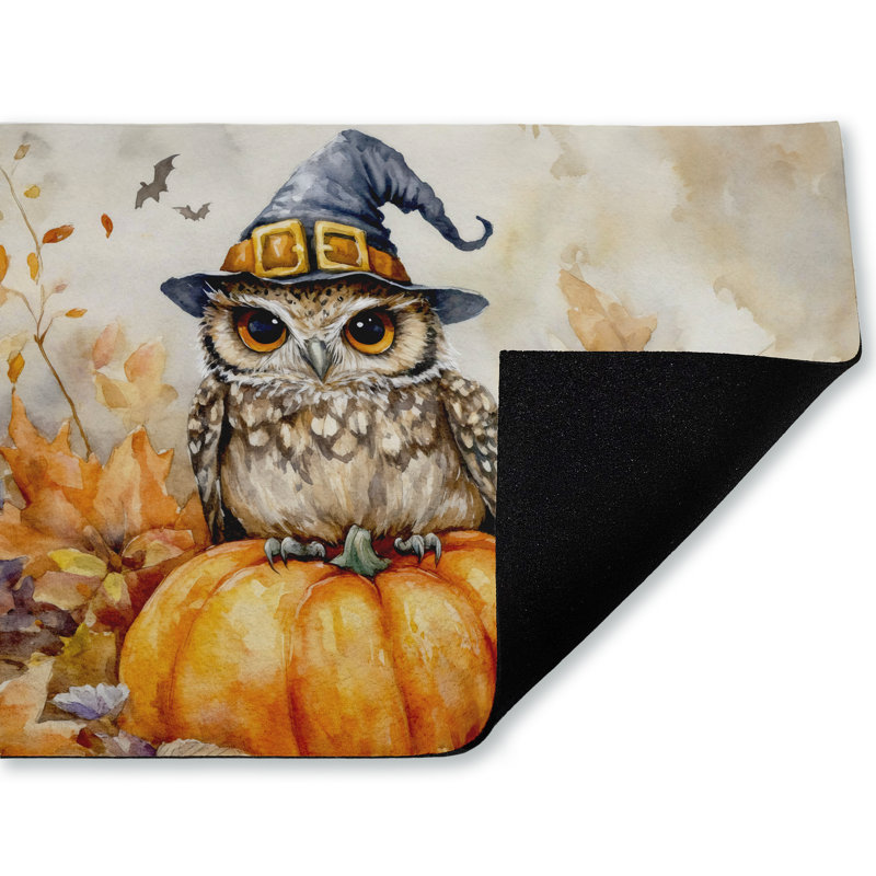 Paillasson hibou perché sur une citrouille, imprimé par LSR Design Studio, 18 po x 30 po