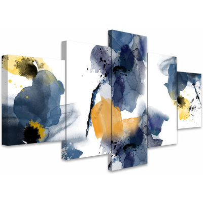 Abstract Botanical " Watercolor Splash Pastel Blue Yellow Daisy Flowers " 5 - Pieces
