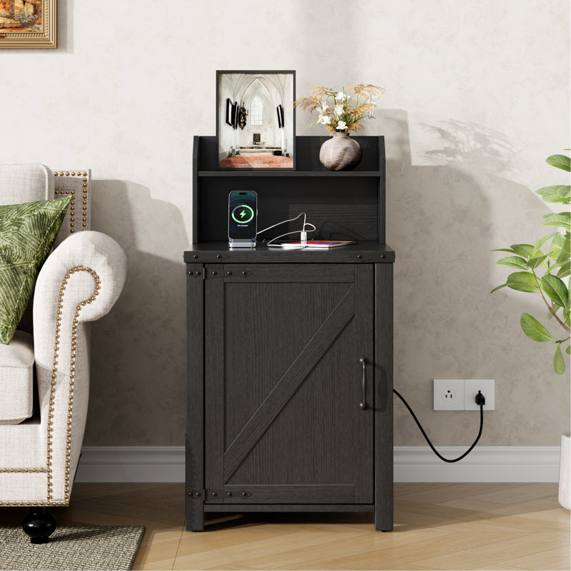 OKD Nightstand With Charging Station, 18 Inch Farmhouse End Table With Barn Door And Adjustable Storage Shelf, Rustic Wood Sofa Side Table W/Magnetic Door For Living Room, Bedroom, Antique Black