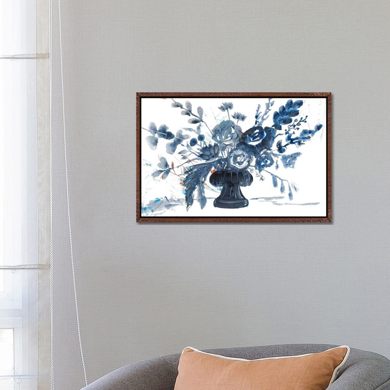Blue Floral In Vase by Robin Maria - Painting on Canvas, Classic Brown Wood Framed, 45.72cm H x 66.04cm W x 3.81cm D