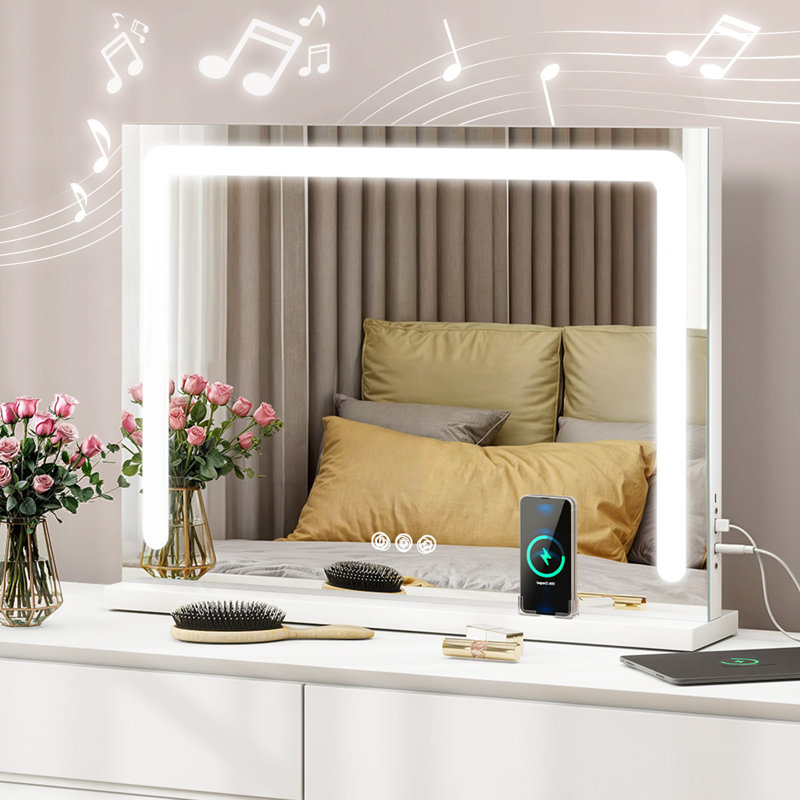 Wrought Studio Dimmable LED Lighted Makeup Vanity Mirror with Lights Touch Screen & 3-Colour Lighting & Wireless Charger and Speaker