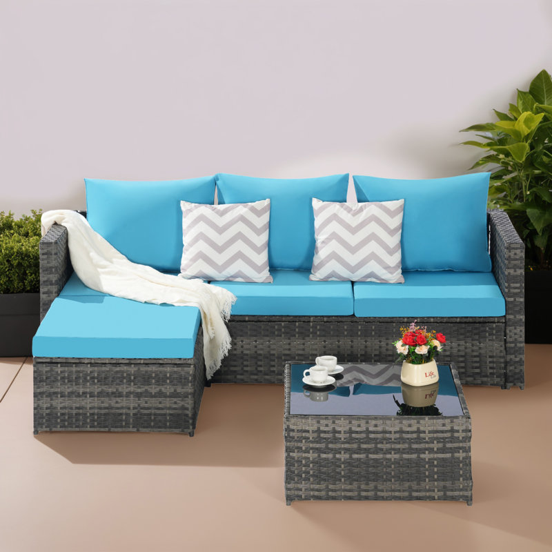 Ensemble de canapé modulaire en rotin pour l'extérieur 3 pièces pour jardin, cour et balcon, Bleu clair