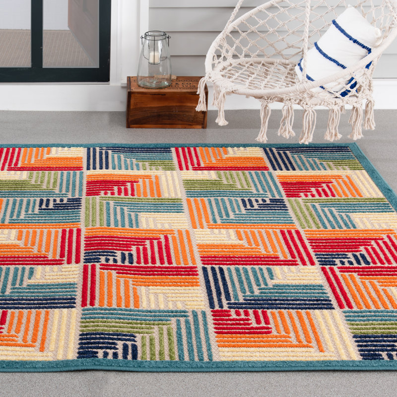 Tapis d'intérieur / extérieur bleu / rouge / orange tissé à la machine à motif géométrique Alkhoury, Rectangle 5 pi x 7 pi