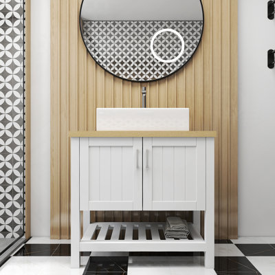 Meuble-lavabo avec lavabo, meuble-lavabo simple avec portes et tablette ouverte, petit meuble-lavabo en bois massif pour la salle de bain, idéal pour un décor moderne