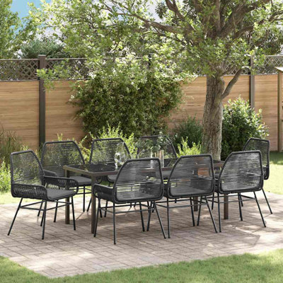  Ensemble de salle à manger de jardin avec coussin 9 pièces en rotin de polyester noir