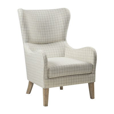 Fauteuil à oreilles beige avec coussin de siège en mousse haute, pieds en bois massif, dossier, accoudoir rond, accoudoir à dossier en tissu et rembourrage lâche