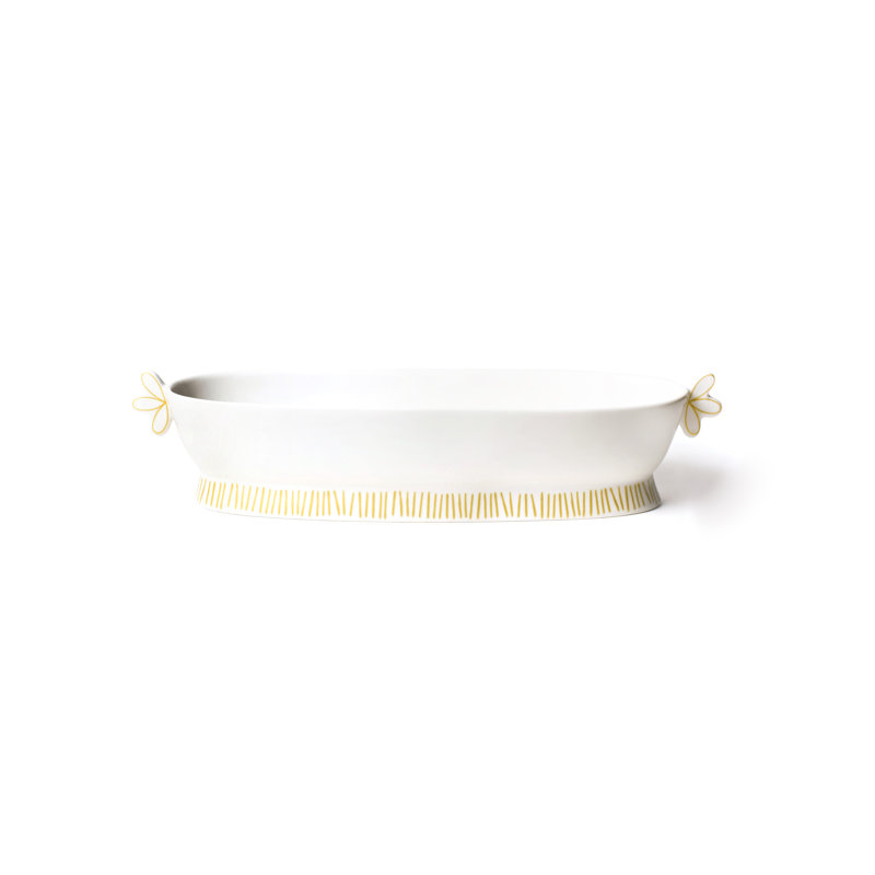 White Ceramic Oval Serving Bowl with Gold Accents