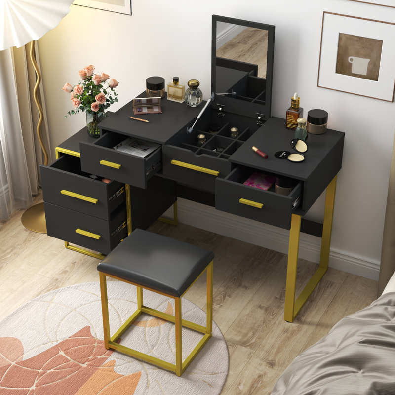 Black Dresser Table Desk with Mirror Makeup Vanities with 4 Drawers 29.53"H x 17.72"D x 39.37"W, Black