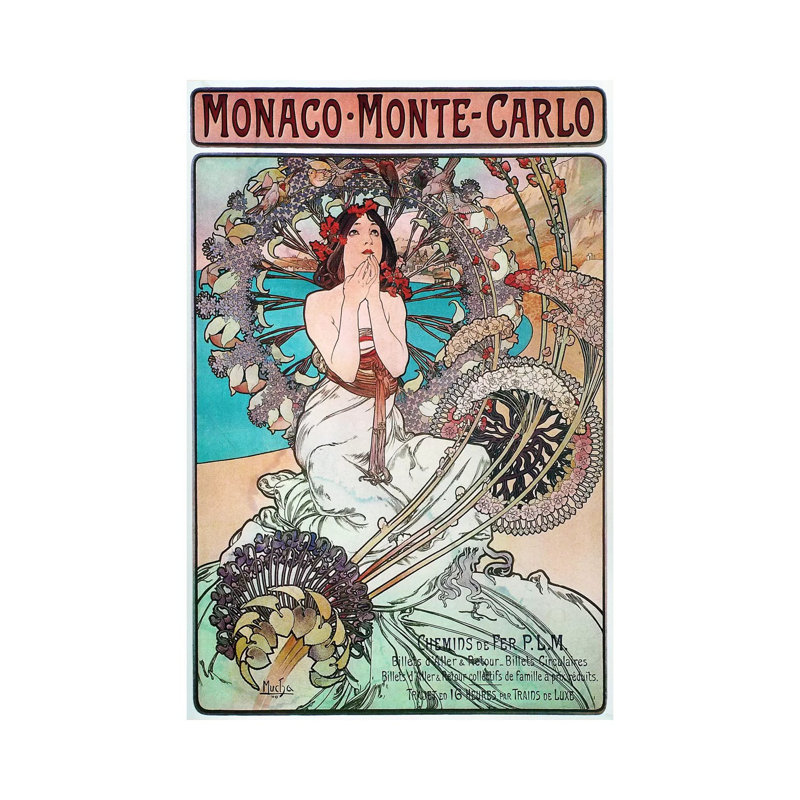 Monaco, Monte Carlo, 1897 par Alphonse Mucha - impression d'art graphique, Toile tendue, H 48 po x l 32 po x P 1,5 po