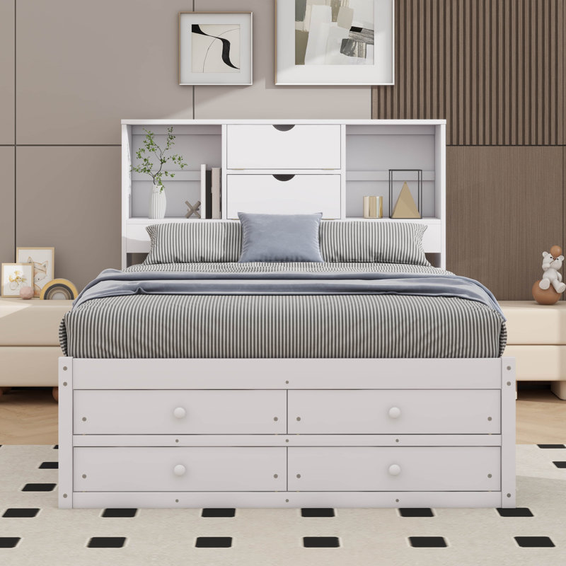 Platform Bed with Storage Headboard And 8 Drawers, Queen, White