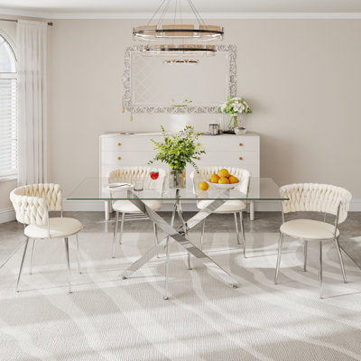 Clear Rectangle Pedestal Dining Set with Weaven Velvet Dininig Chair