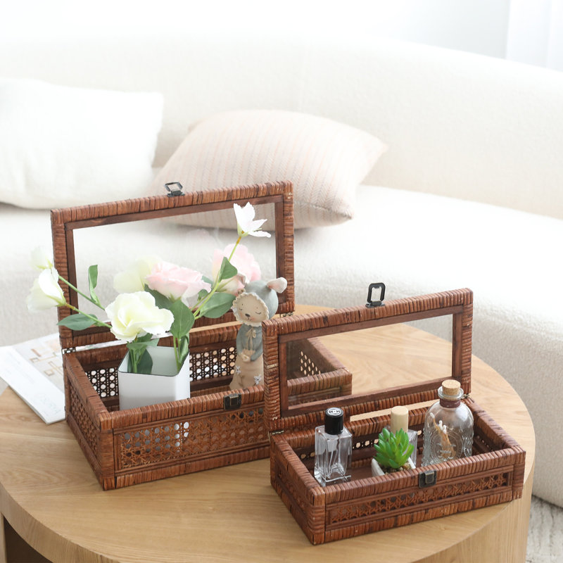 Brown Wood And Rattan Decorative Boxes With Glass Lids - Set Of 2, Brown