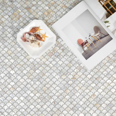 Diflart 1" x 1" Mother of Pearl Fish Scale Backsplash Shell Tile for Kitchen Bathroom Shower Spa Wall Pool Tiles（Set of 6）