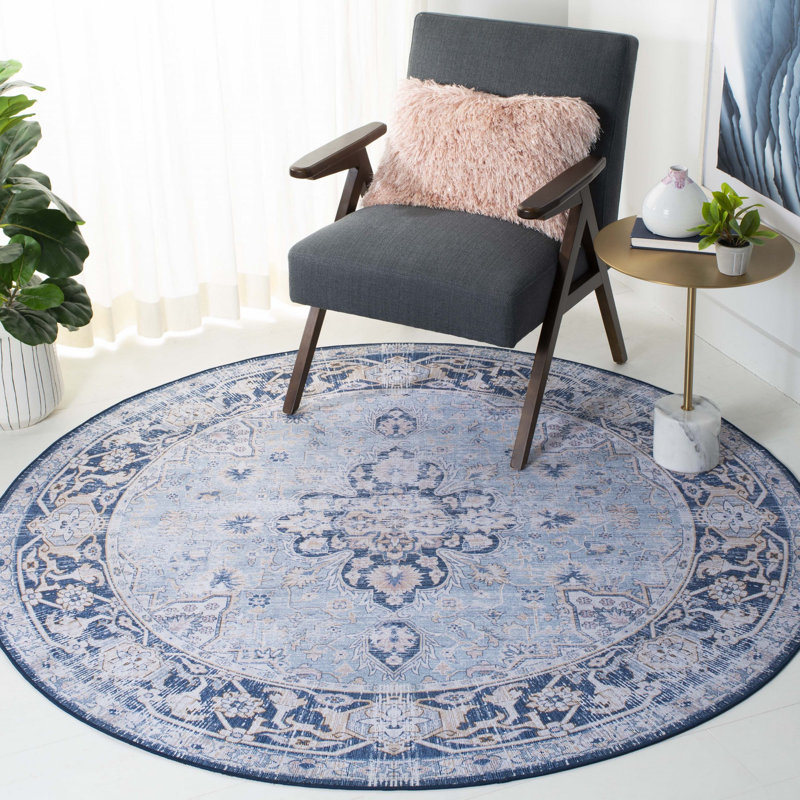 Tapis bleu clair / bleu marine Ziebarth 147 M / W S / R, Rond 8 pi
