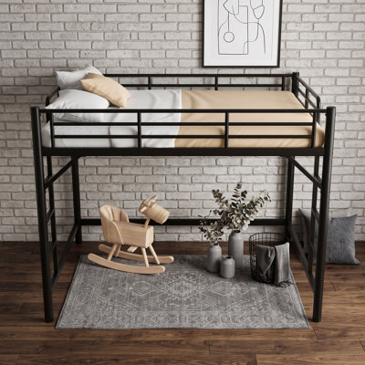 Metal Loft Bed with Dual Ladders and Guardrails