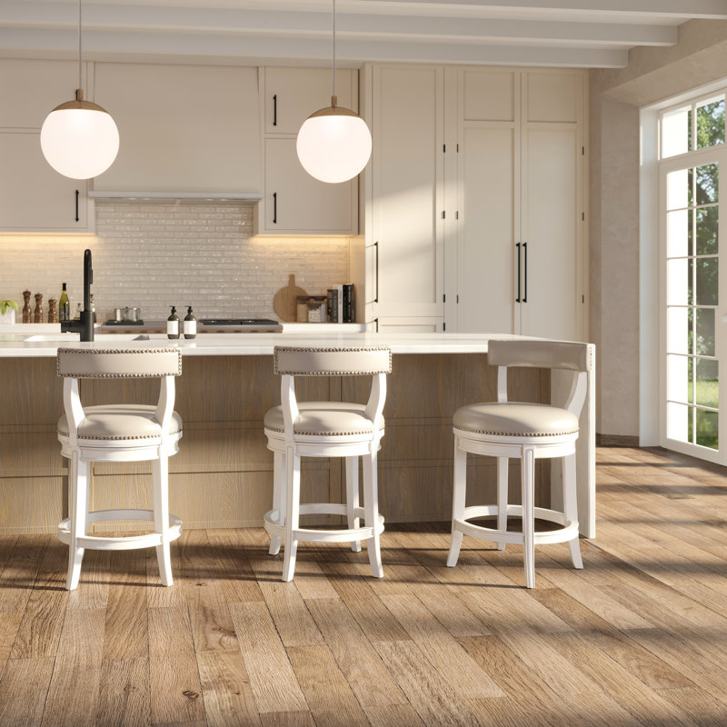 26" Counter-Height Bar Stool With 180-Degree Automatic Return, White Wood Frame, Gray Faux Leather Seat And Back, Nailhead Trim, Curved Legs, 20.41 In Depth, 20.73 Width, 37.03 Height, 26.36 Lb