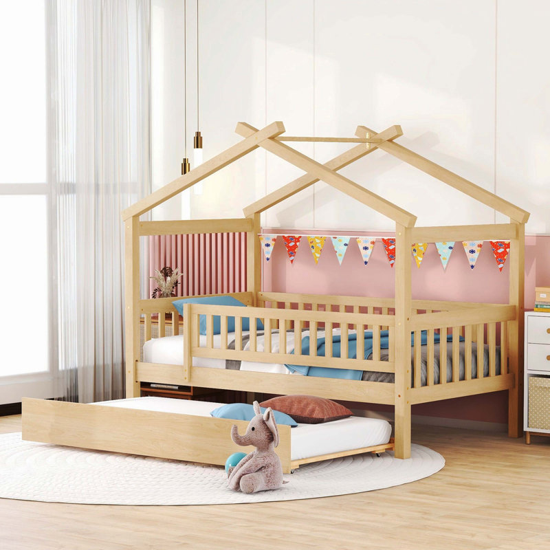 Lit simple en bois noyer avec lit gigogne simple Walnut