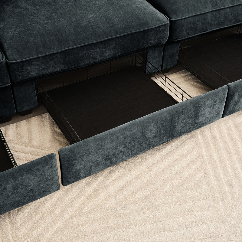 Chenille 4 places gris avec grands sièges larges, conception structurelle unique, rangement escamotable dans une assise douce et confortable, plusieurs tailles pour différentes configurations de maison, tiroir avec accoudoirs intégrés