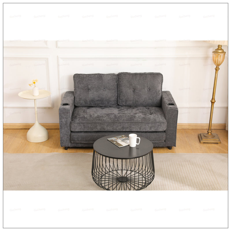 Canapé-lit futon convertible 3 fois 55 pouces, tissu en velours de lin, parfait pour les petits espaces et multifonctionnel, gris foncé