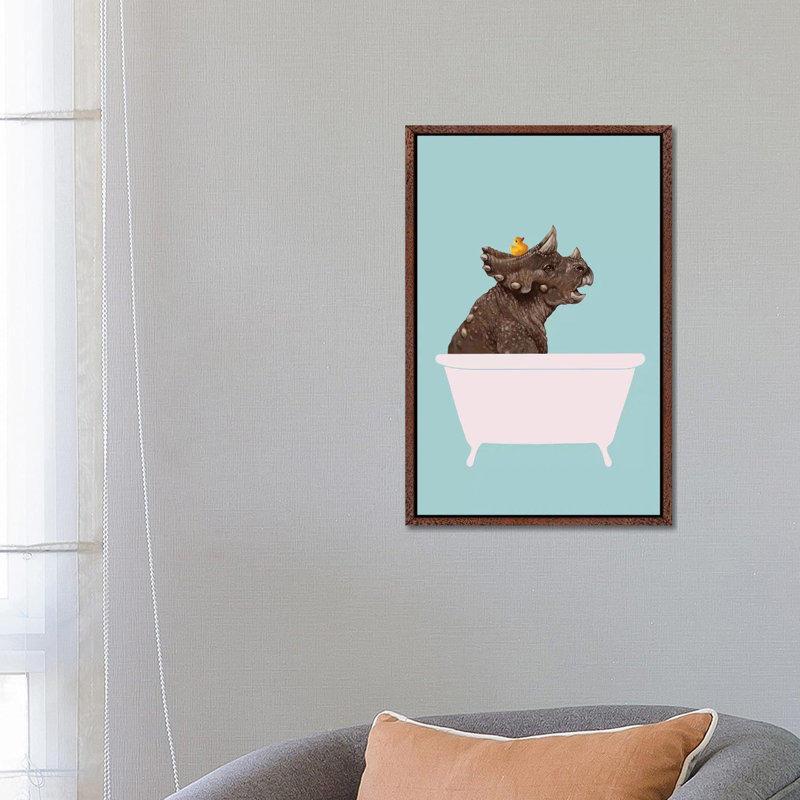 Triceratop In Bathtub by Big Nose Work - Print on Canvas, 66.04 cm H x 45.72 cm W, Classic Brown Wood Framed Canvas