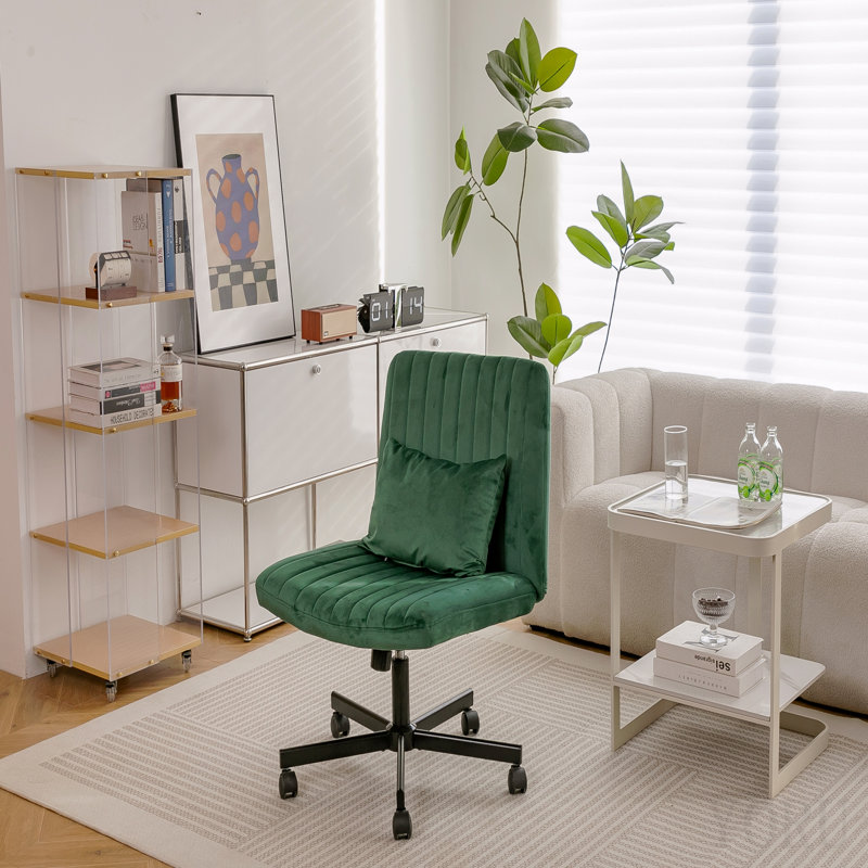 Green Velvet Criss Cross Armless Office Chair With Wheels - Versatile For Home Office, Meditation & Makeup