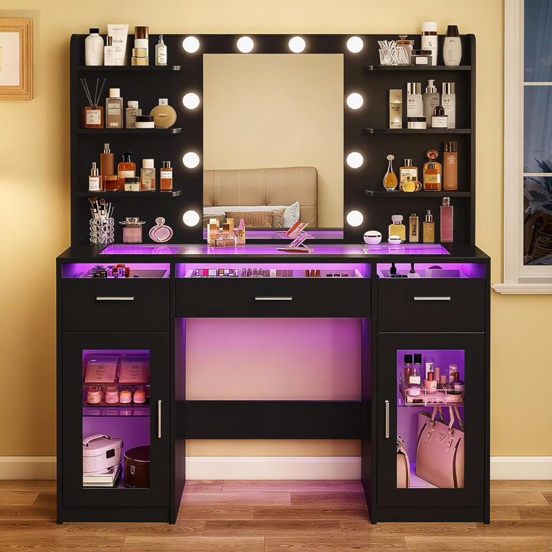 Makeup Vanity Desk With Adjustable Lighting, See-through Desktop, Power Outlet, Black