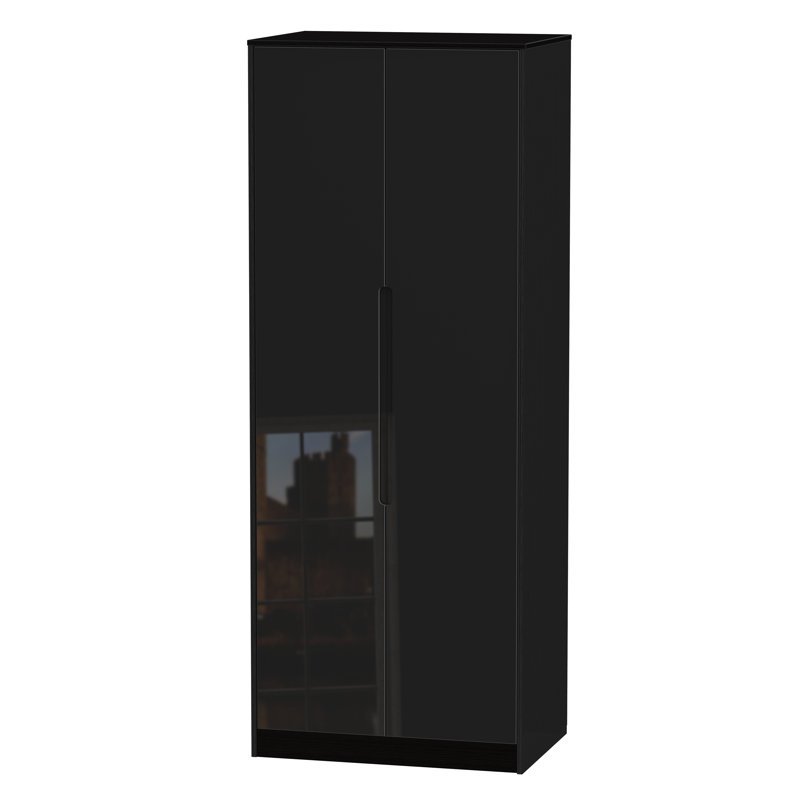 Vernon 2 Door Manufactured Wood Wardrobe, Black Gloss/Black Gloss, H197 x W74 x D53cm, Standard
