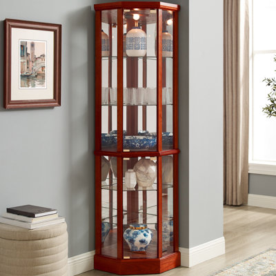 Vitrine lumineuse 6 tablettes avec tablettes réglables en verre et dossier en miroir cerisier élégant