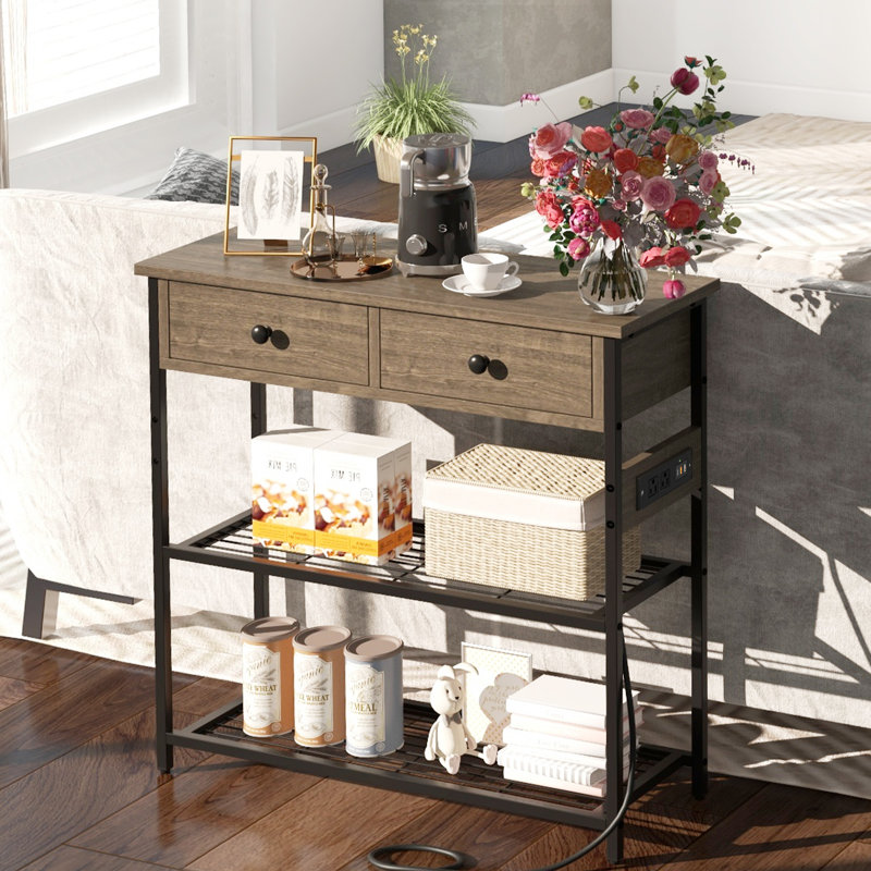 Console avec prises, table de vestibule avec ports USB, table de canapé étroite, table de vestibule, Gris
