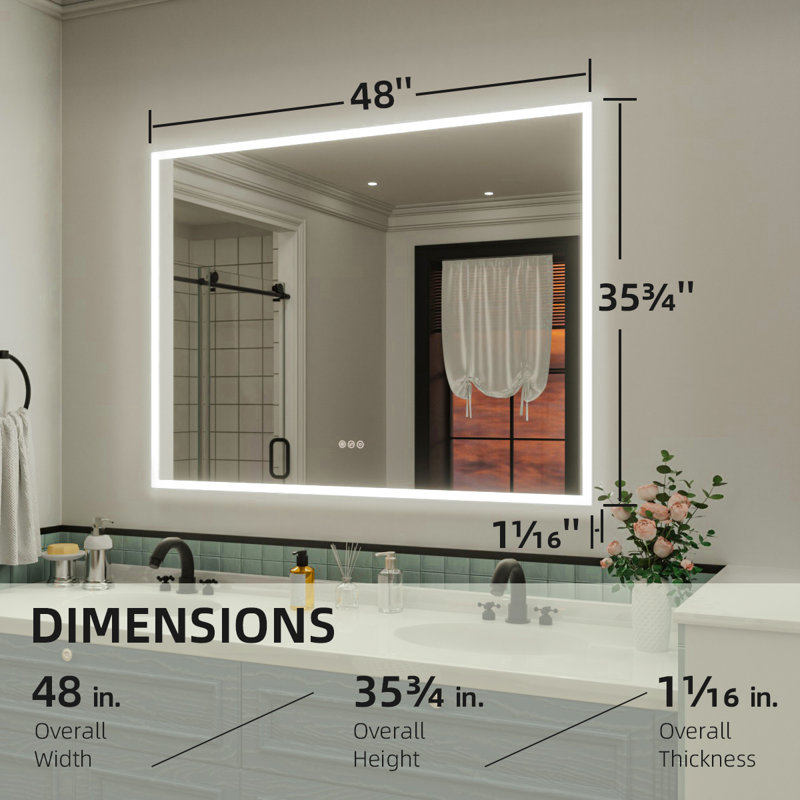 Miroir mural de salle de bain avec lumières à DEL antibuée 3 lumières à intensité variable, 36 po x 48 po