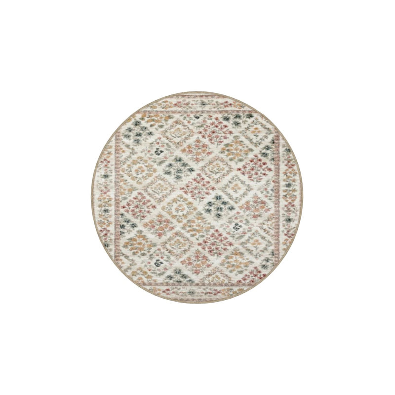 Floral Cream Checkered Geometric Woven Base Washable Carpet, Rectangle 5' x 9'11"