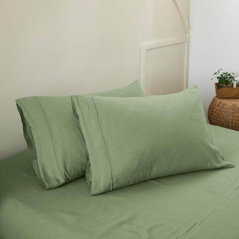 100% French Linen Pillowcase Set Of 2- Washed Solid Color Pillow Cases Embroidered, Sage Green, King Pillow Case