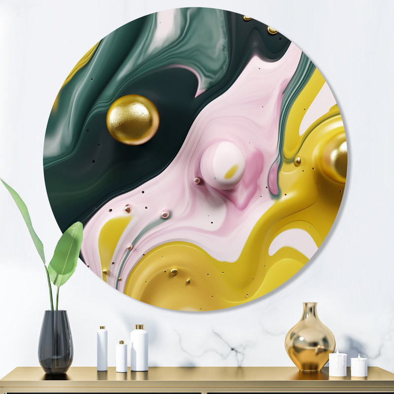Jaune et vert pierre fluide II - marbre abstrait, art mural rond sur métal, H 16 po x l 16 po x P 1 po